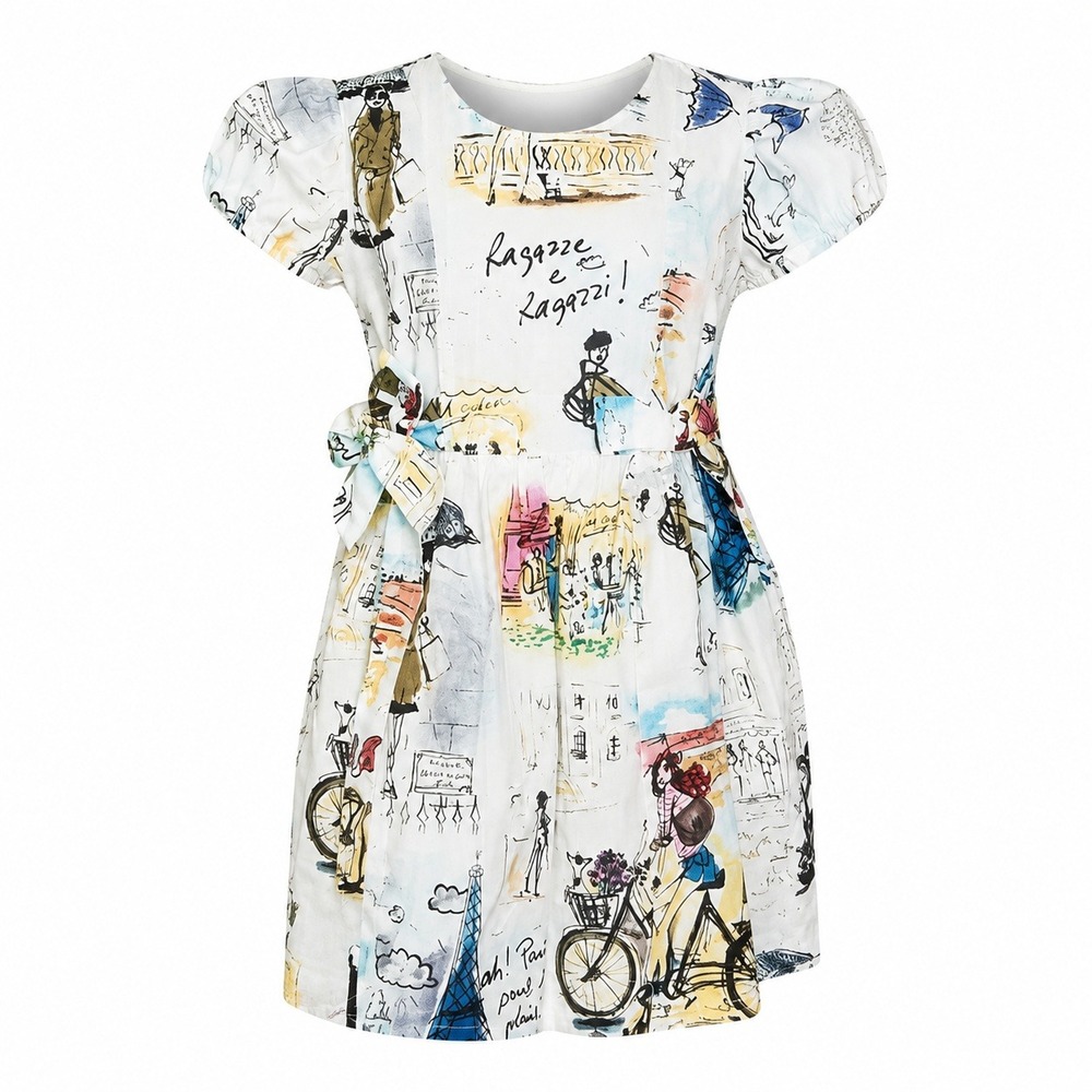 Little Loaves‎ & Fishes Girls 5 Parisian Sketch Dress Eiffel Bicycle Tie Waist